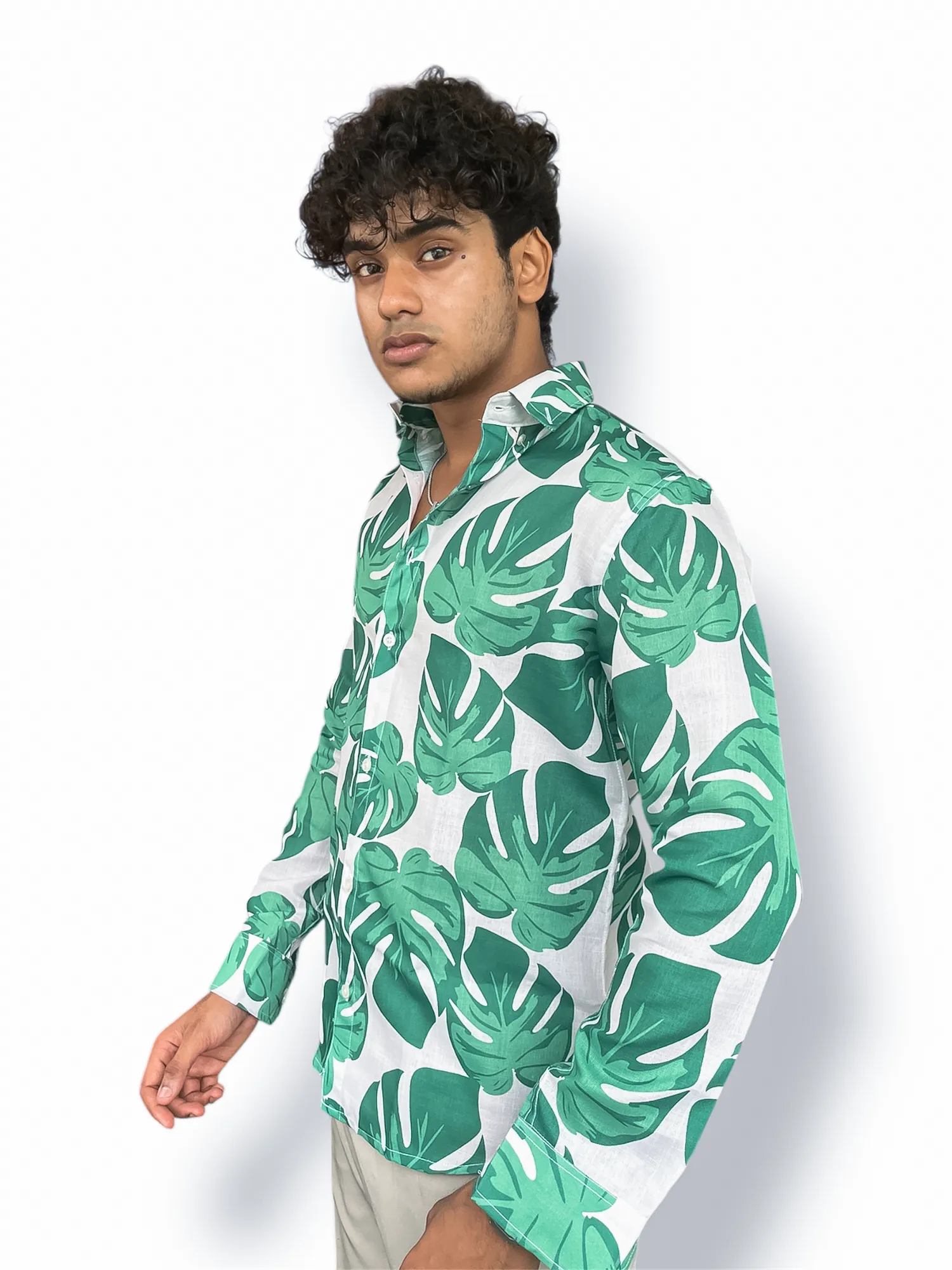 Cotton Full-Hand Shirt – Digital Leaf Print (Green) - Image 2