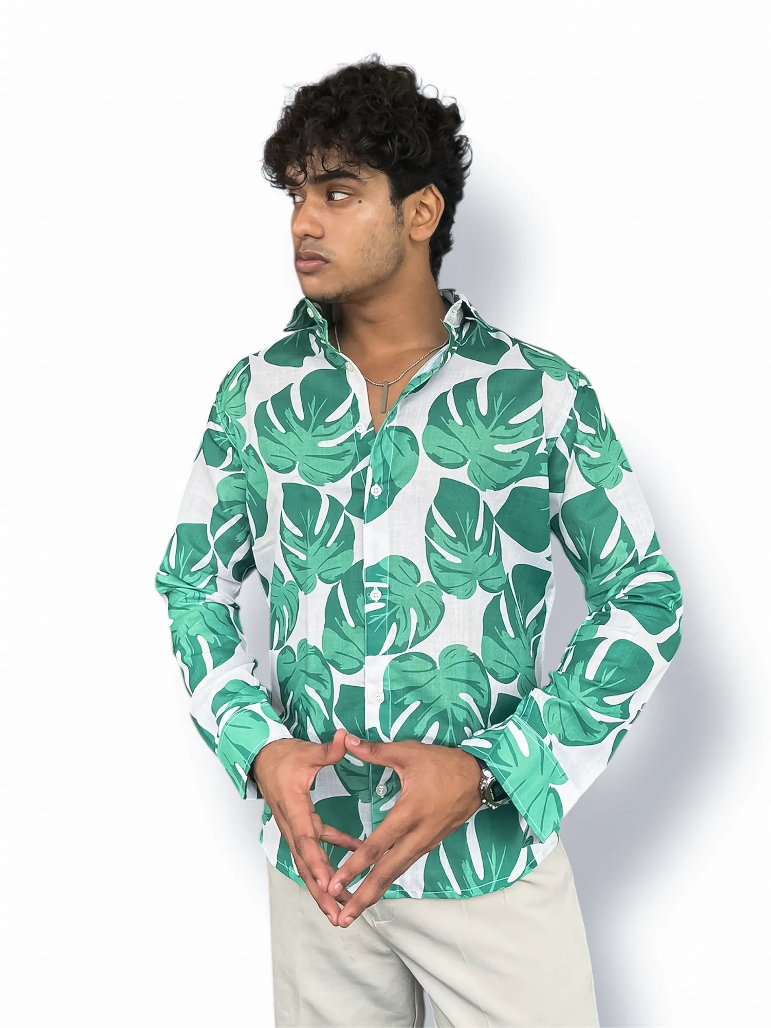 Cotton Full-Hand Shirt – Digital Leaf Print (Green)