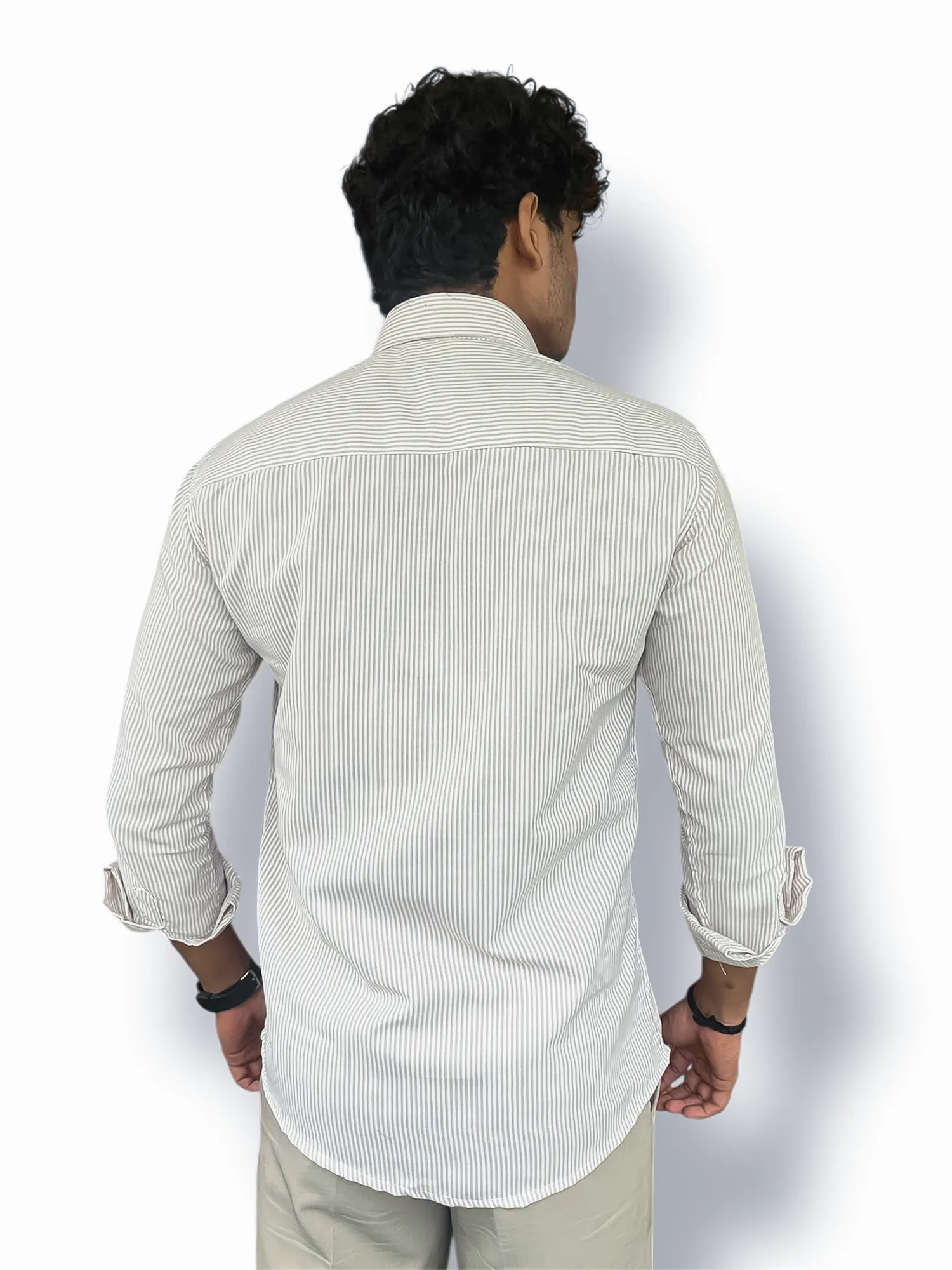 Oxford Full-Hand Shirt – Beige & white stripes - Image 3