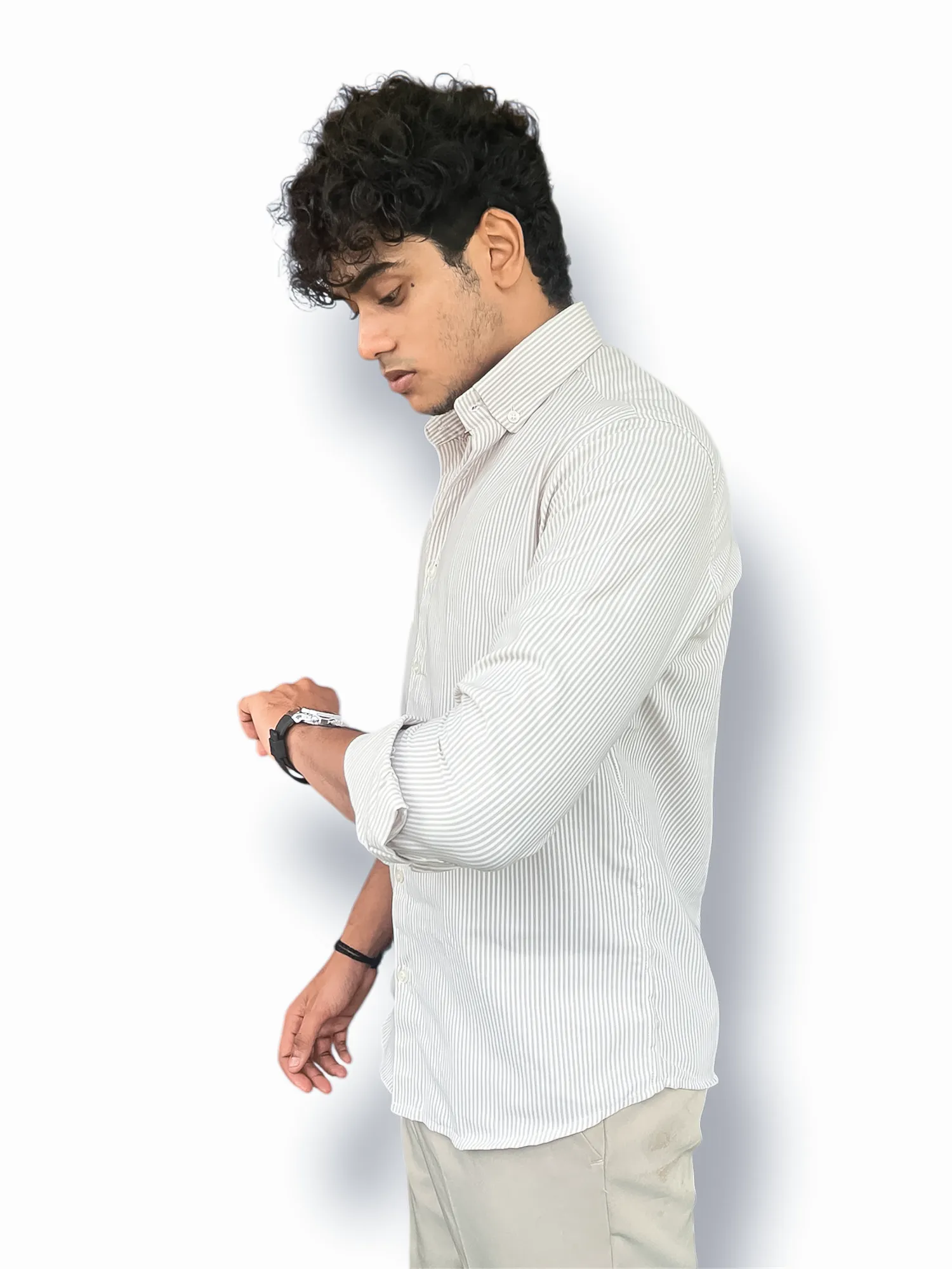 Oxford Full-Hand Shirt – Beige & white stripes - Image 2