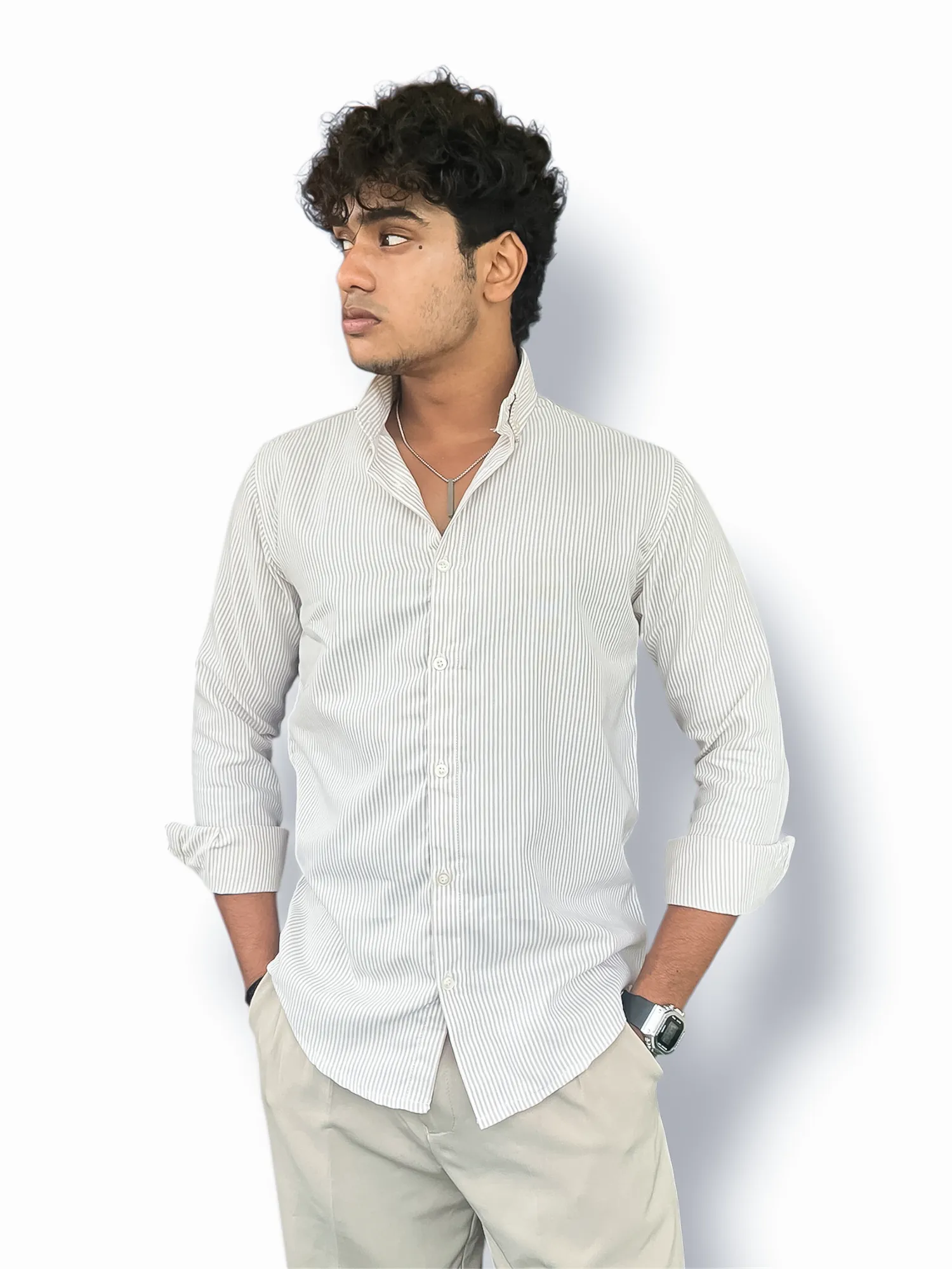 Oxford Full-Hand Shirt – Beige & white stripes